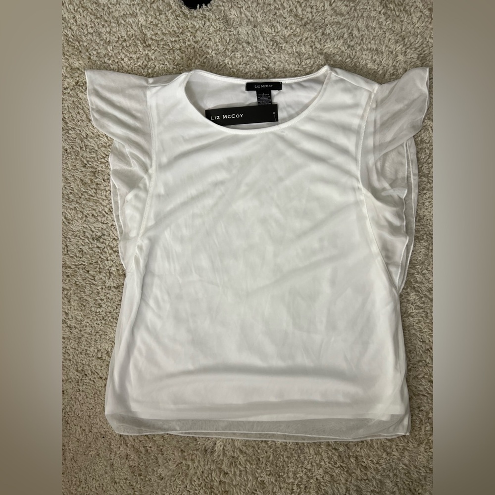 Women’s Large Liz Mccoy White Ruffle Short Sleeve Top